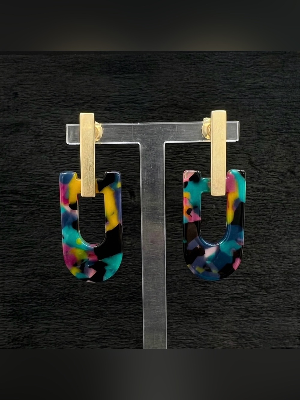 Vintage 90s Y2k Multicolor Tortoise Shell Lucite Geometric Door Knocker Earrings